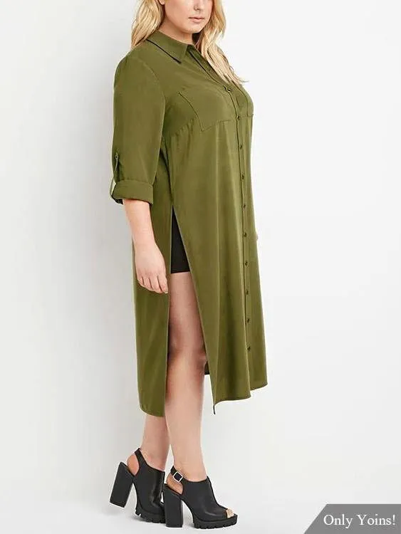 OEM ODM Classic Collar Plain Two Large Pockets Long Sleeve Slit Hem Green Plus Size Dresses