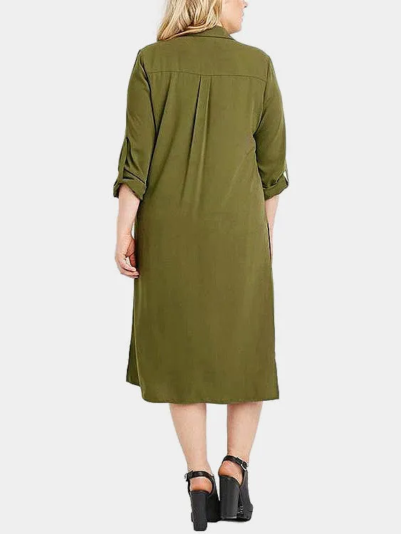 OEM ODM Classic Collar Plain Two Large Pockets Long Sleeve Slit Hem Green Plus Size Dresses