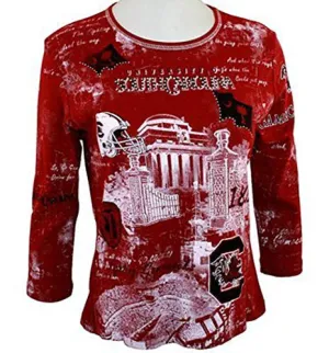 P-Michael Collegiate Fashion Top, 3/4 Sleeve, Scoop Neck, Vividly Printed in School Colors, School Name Studded in Rhinestones - University of South Carolina