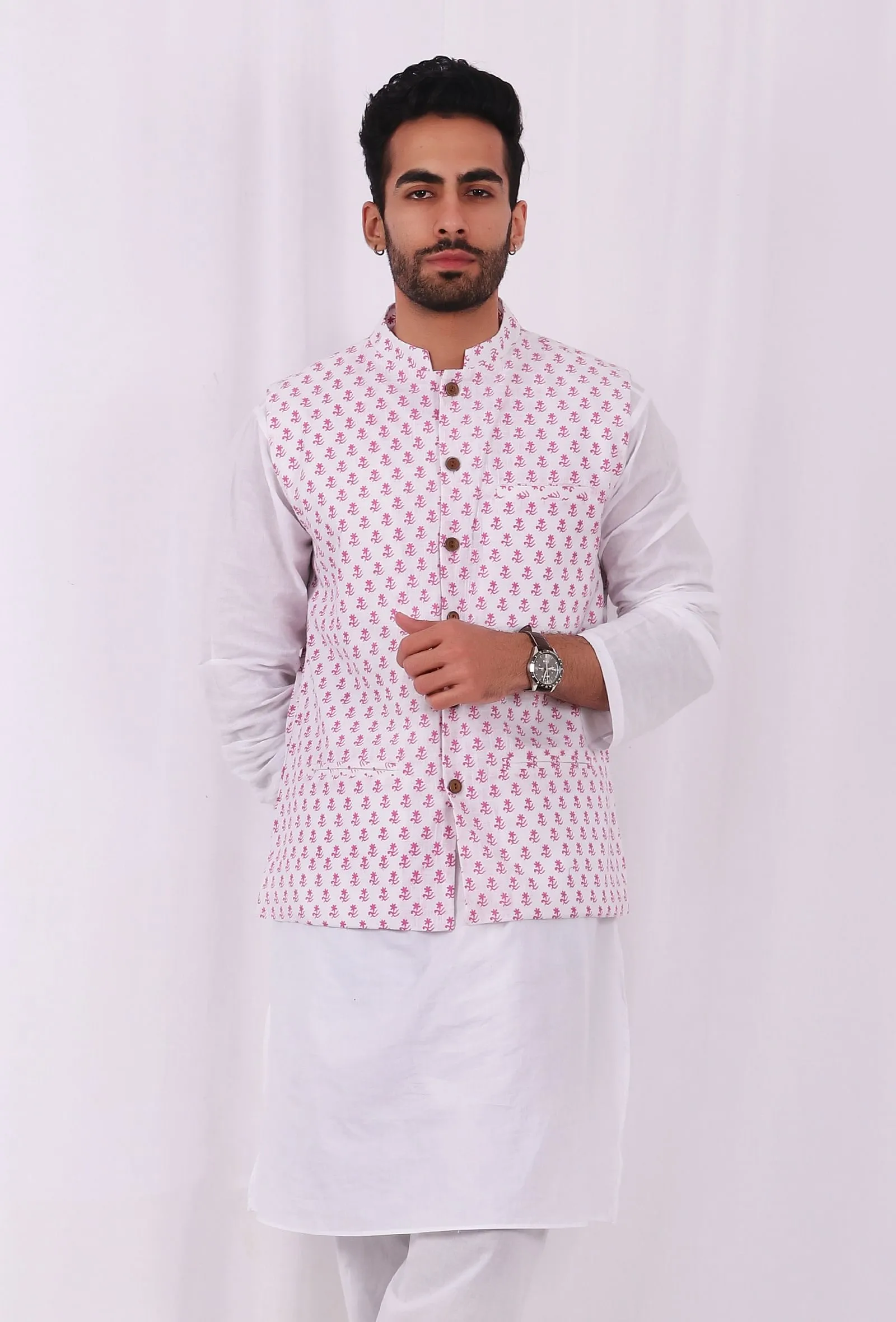 Pink Tiny Floral Motif Hand Block Nehru Jacket