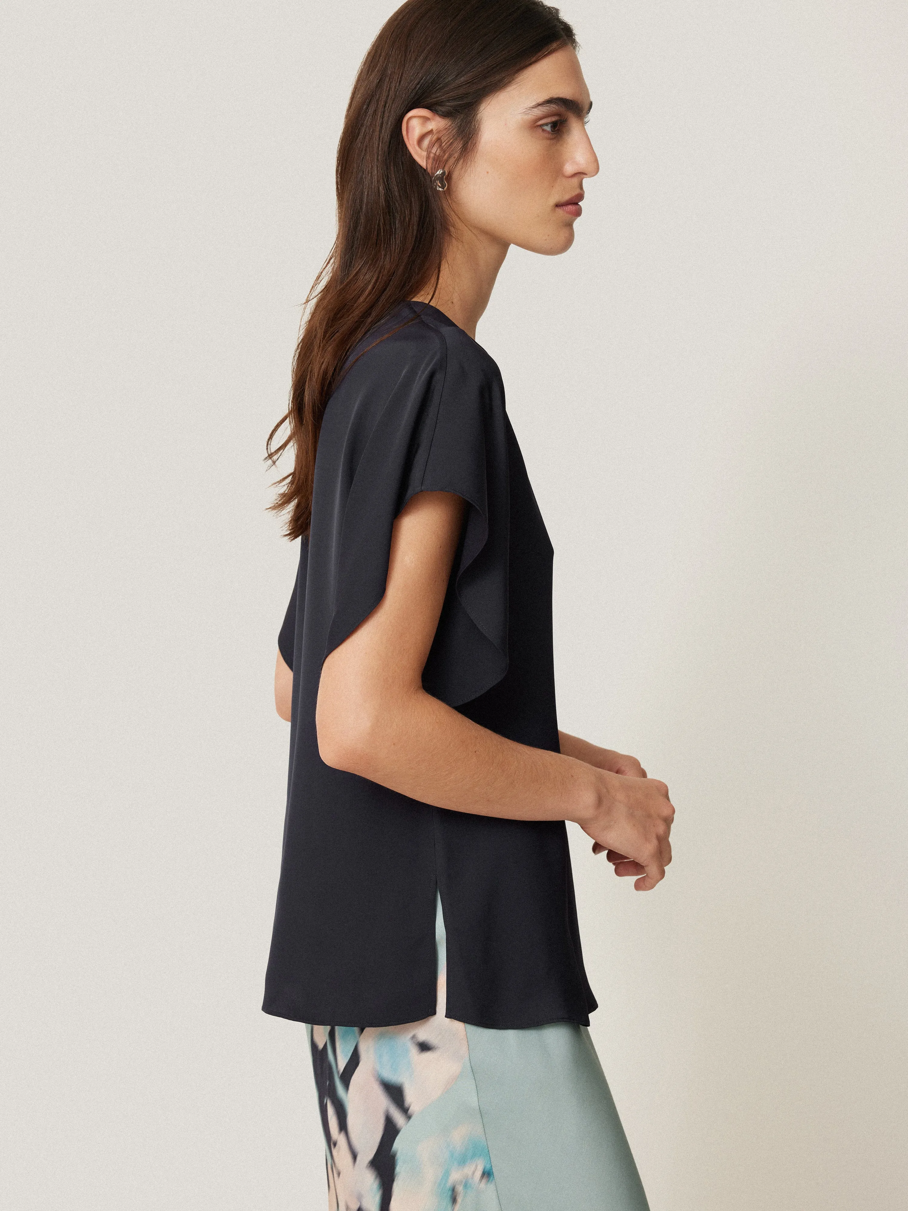 Silk Drape Sleeve Top | Navy