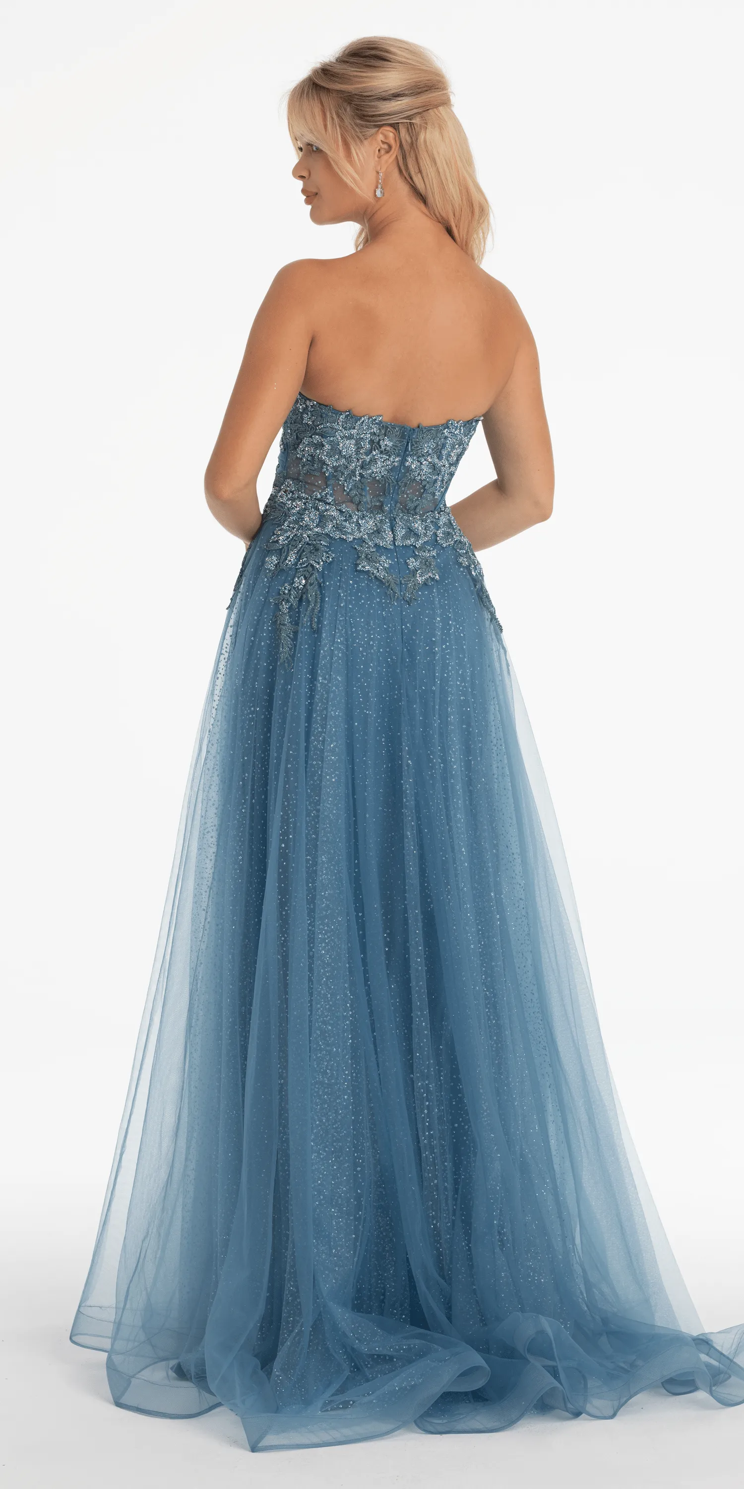 Strapless Glitter Embroidered Sweetheart Puff Sleeve Ballgown