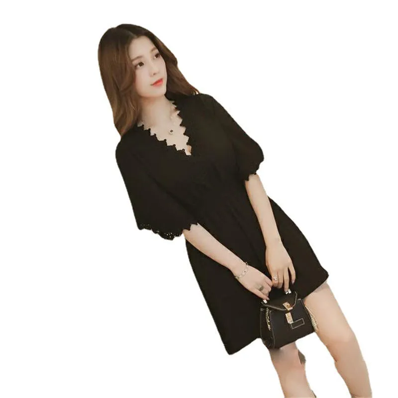 Summer Petite V-Neck Slim Look Short Sleeve Dress Women Korean Lace Spliced Solid Colored Trendy Skirt Dress