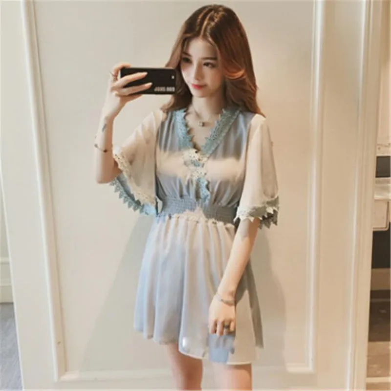 Summer Petite V-Neck Slim Look Short Sleeve Dress Women Korean Lace Spliced Solid Colored Trendy Skirt Dress