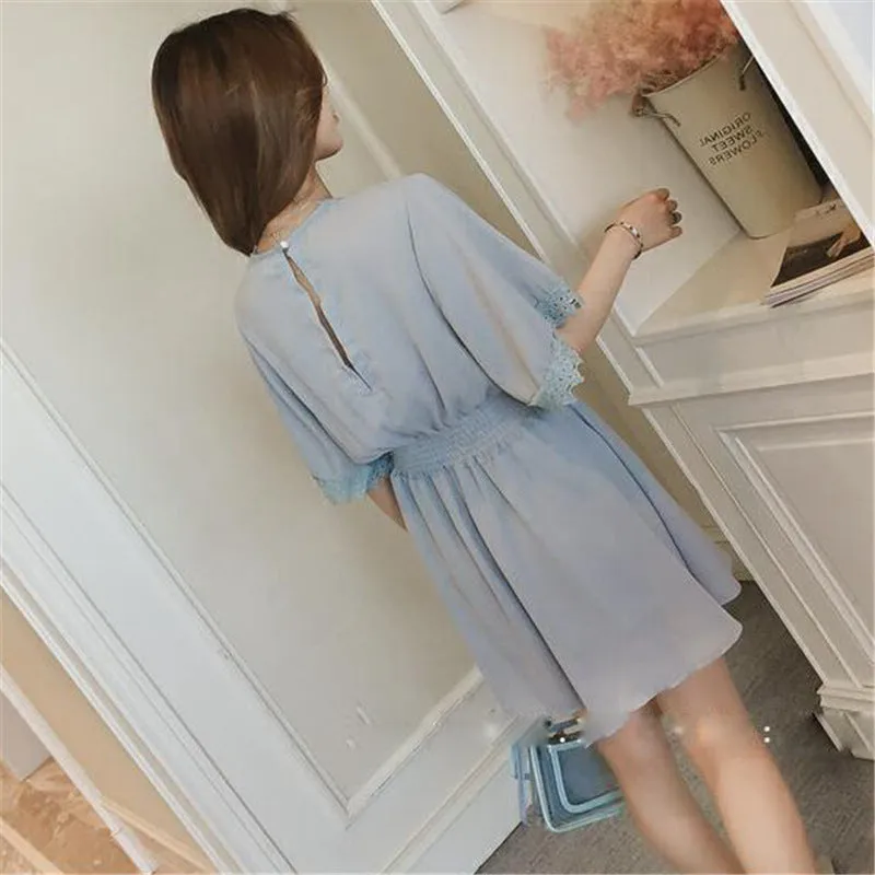 Summer Petite V-Neck Slim Look Short Sleeve Dress Women Korean Lace Spliced Solid Colored Trendy Skirt Dress