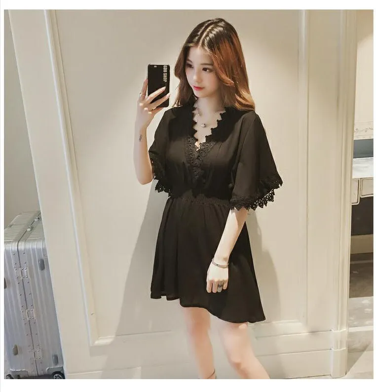 Summer Petite V-Neck Slim Look Short Sleeve Dress Women Korean Lace Spliced Solid Colored Trendy Skirt Dress