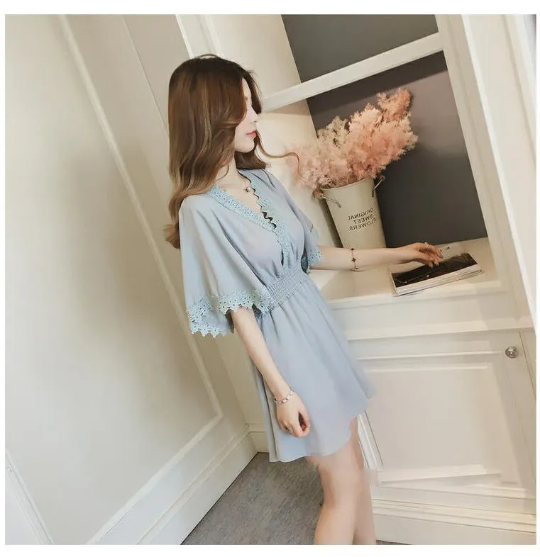 Summer Petite V-Neck Slim Look Short Sleeve Dress Women Korean Lace Spliced Solid Colored Trendy Skirt Dress