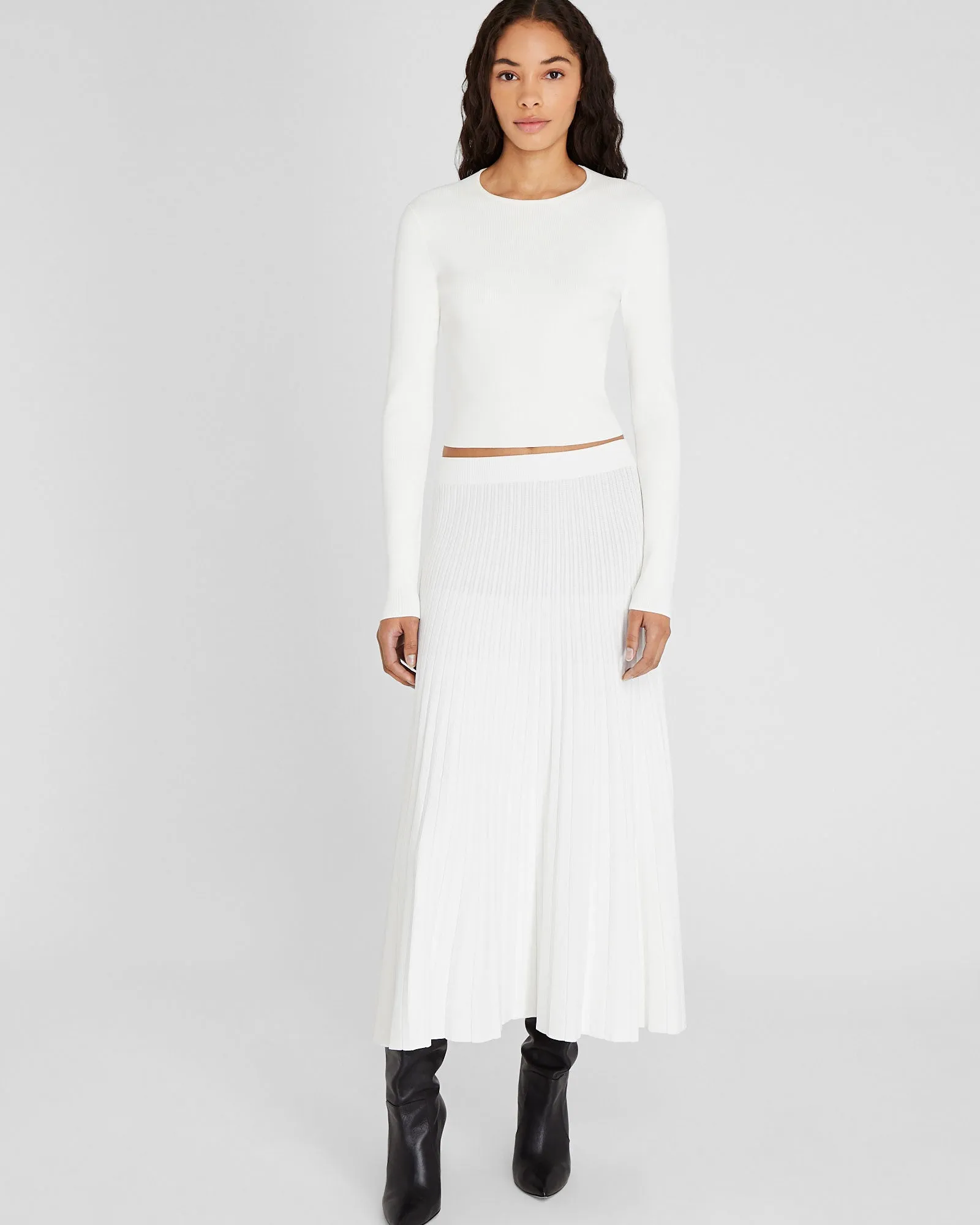 Sunburst Pleat Ribbed Knit Midi Skirt