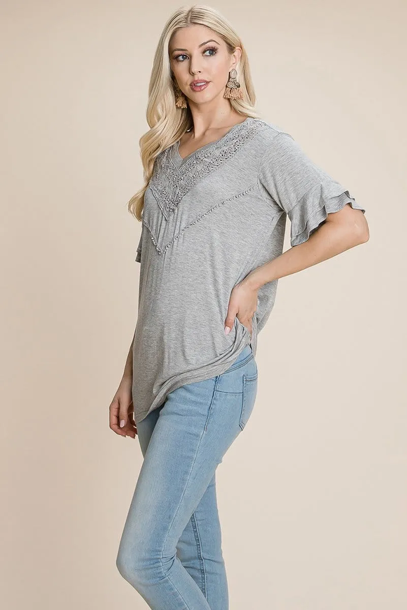 V Neck Lace trim Front Ruffle Sleeve Shirt tops