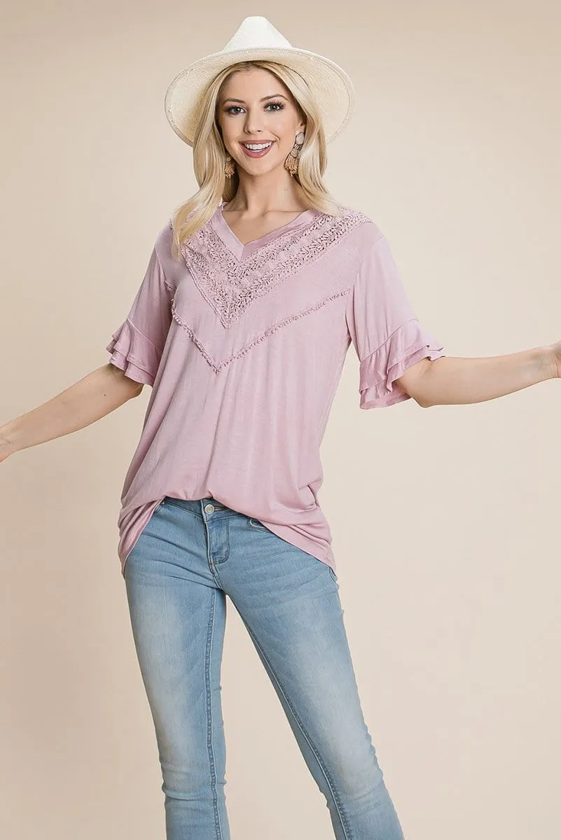 V Neck Lace trim Front Ruffle Sleeve Shirt tops