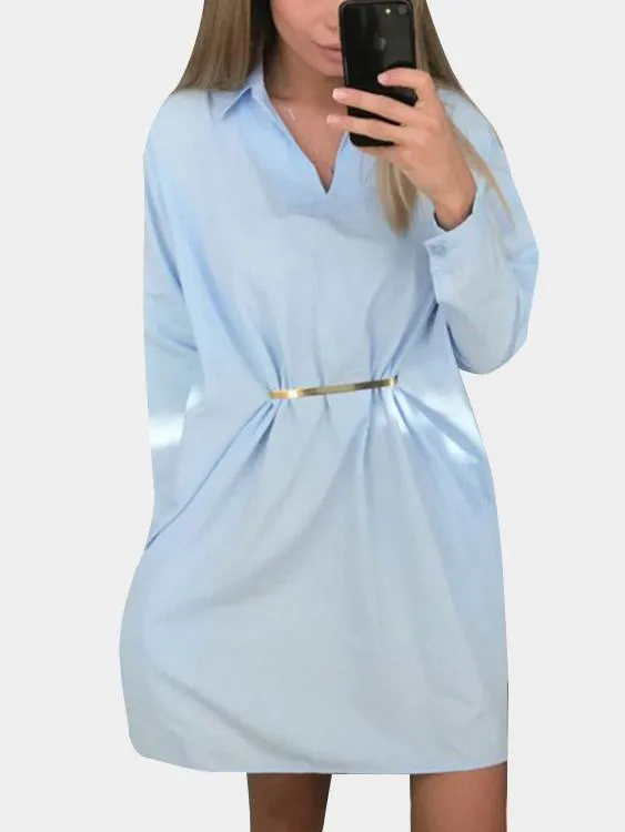 Wholesale Classic Collar Plain Long Sleeve Blue Shirt Dresses