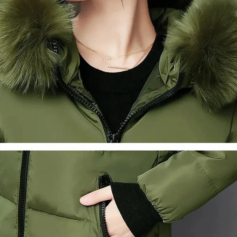 Winter Warm Fur Collar Hooded Women Parka Fashion Comfortable Zipper Pockets Design Long Jacket Elegant Slim Thick Female Coats