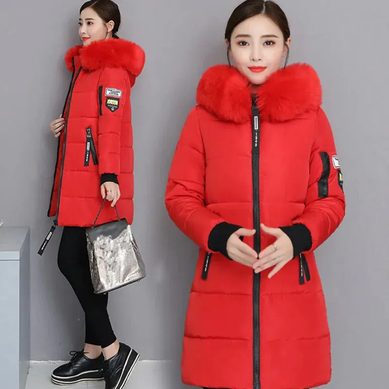 Winter Warm Fur Collar Hooded Women Parka Fashion Comfortable Zipper Pockets Design Long Jacket Elegant Slim Thick Female Coats