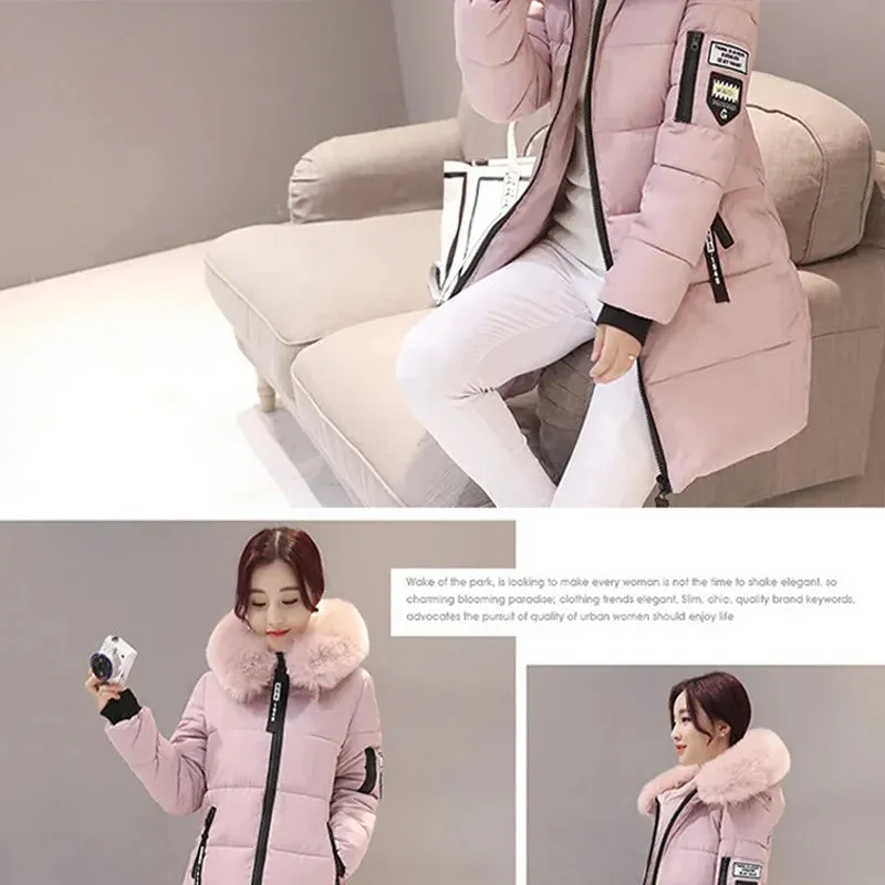 Winter Warm Fur Collar Hooded Women Parka Fashion Comfortable Zipper Pockets Design Long Jacket Elegant Slim Thick Female Coats