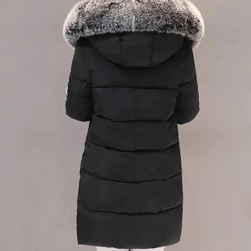 Winter Warm Fur Collar Hooded Women Parka Fashion Comfortable Zipper Pockets Design Long Jacket Elegant Slim Thick Female Coats