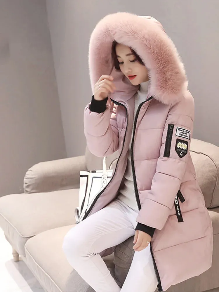 Winter Warm Fur Collar Hooded Women Parka Fashion Comfortable Zipper Pockets Design Long Jacket Elegant Slim Thick Female Coats