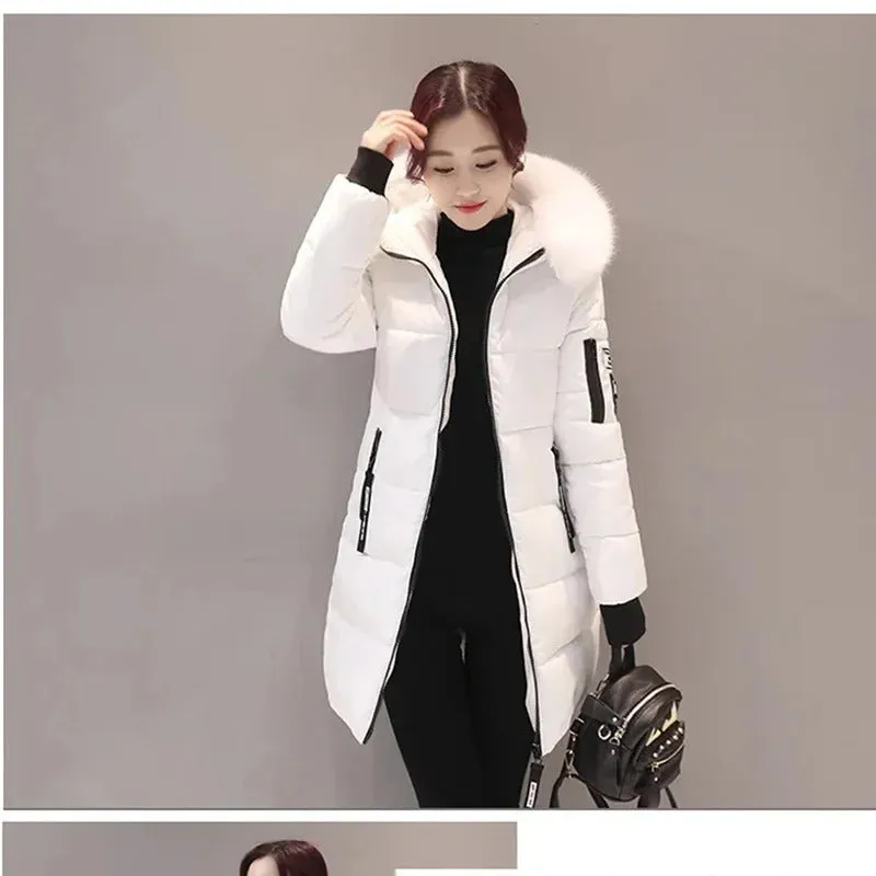 Winter Warm Fur Collar Hooded Women Parka Fashion Comfortable Zipper Pockets Design Long Jacket Elegant Slim Thick Female Coats