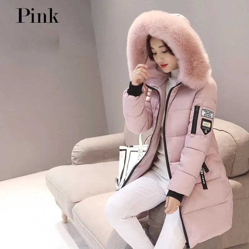 Women Winter Black Fur Collar Hooded Parka Fashion Letter Patch Zipper Pockets Long Jacket Elegant Slim Warm Thick Female Coats