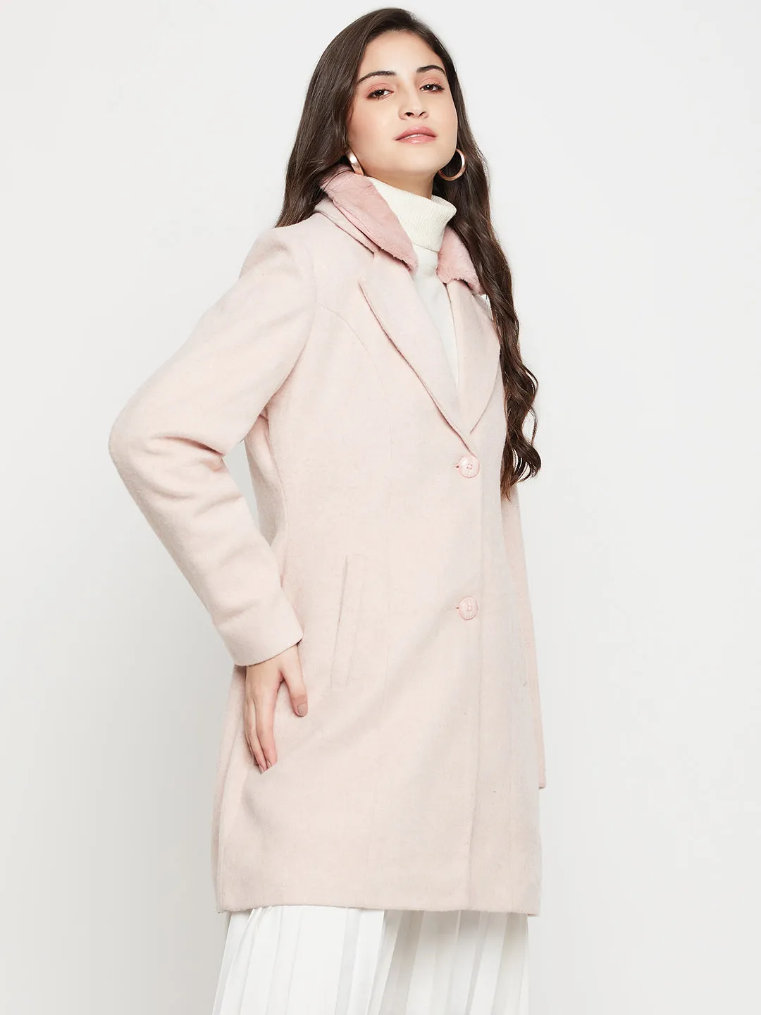 Women's Casual  Pink Single breasted  Notched Lapel Collar with Faux Fur insert Long Coat